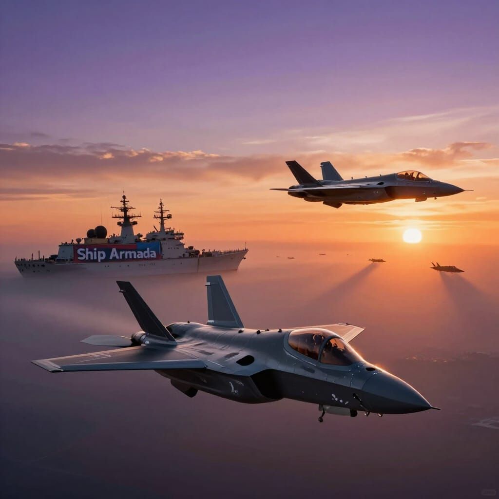 Fighter Jets Over Ship Armada at Dawn