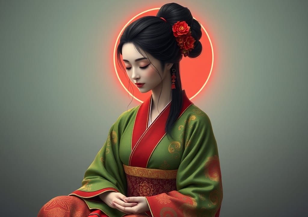 Meditative Woman with Kimono in Anime Style