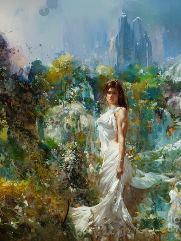 Fantasy Woman in White Dress Painting