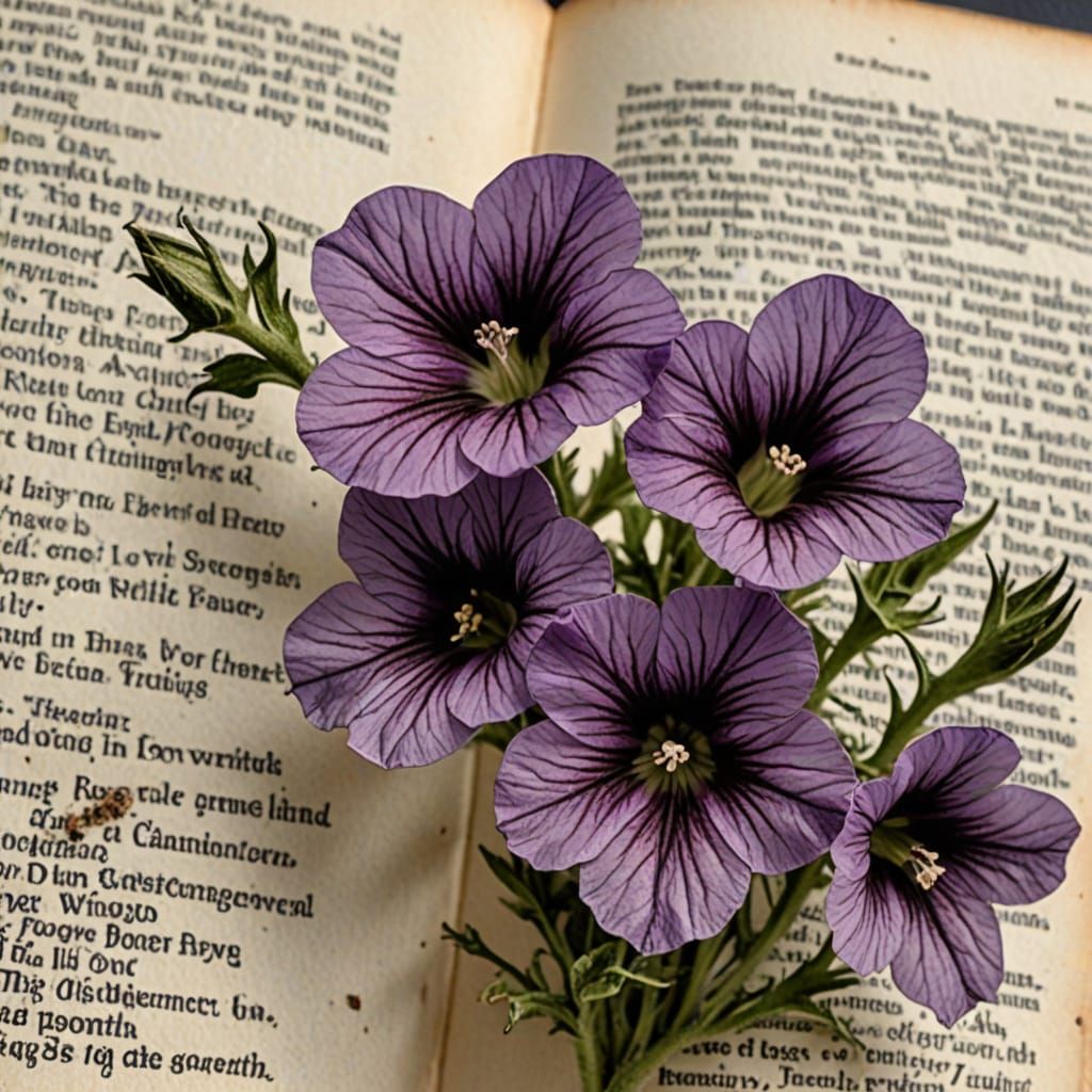 Zoomed in macro image of dried petunias pressed in a book wi...