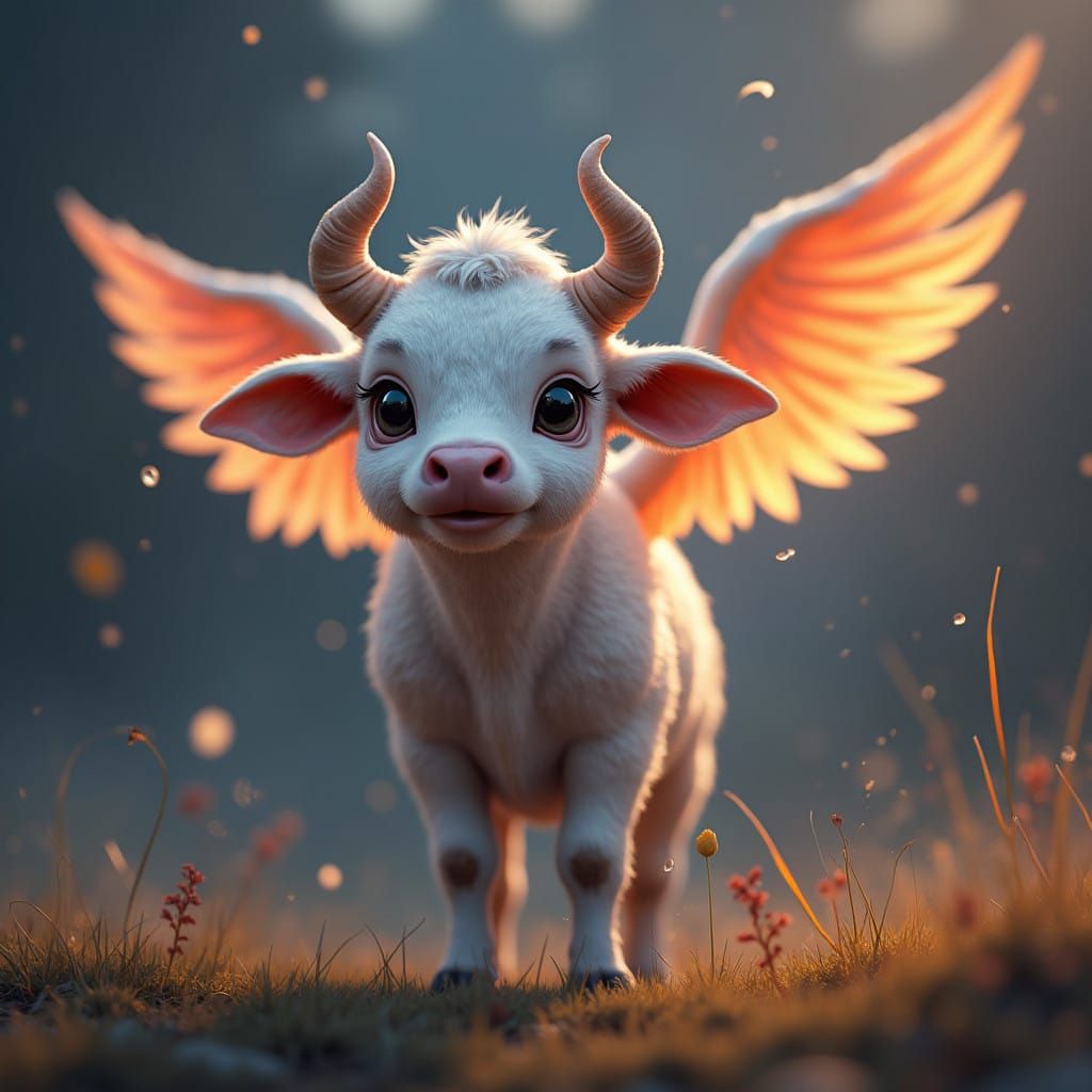 Enchanted Bovine Sprite Takes Flight in Dreamlike Landscape