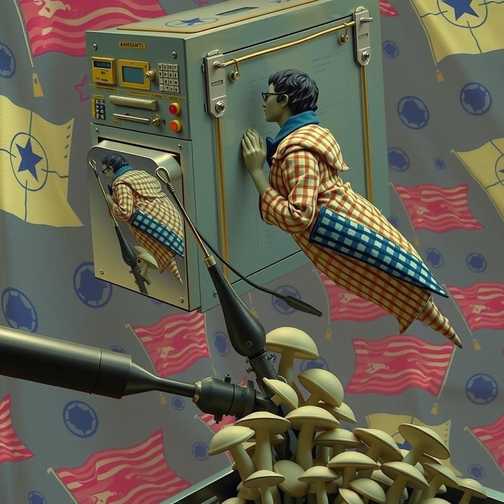 Dystopian Bureaucrats Counting Mushrooms, Mixed Media Style