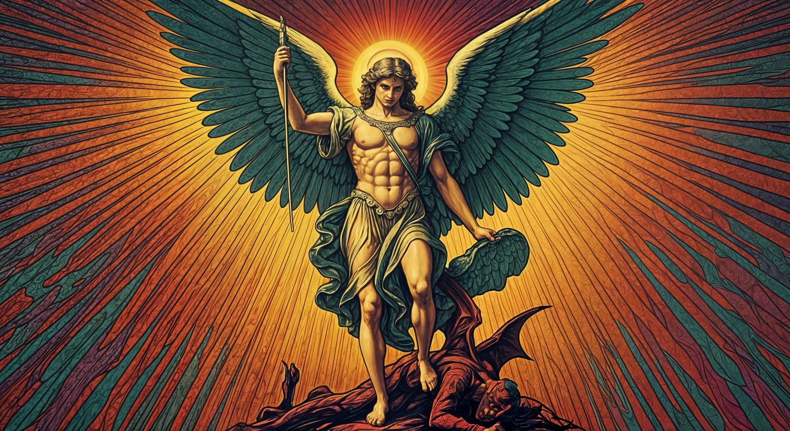 Archangel Michael Defeats Satan in Psychedelic 60s Poster St...