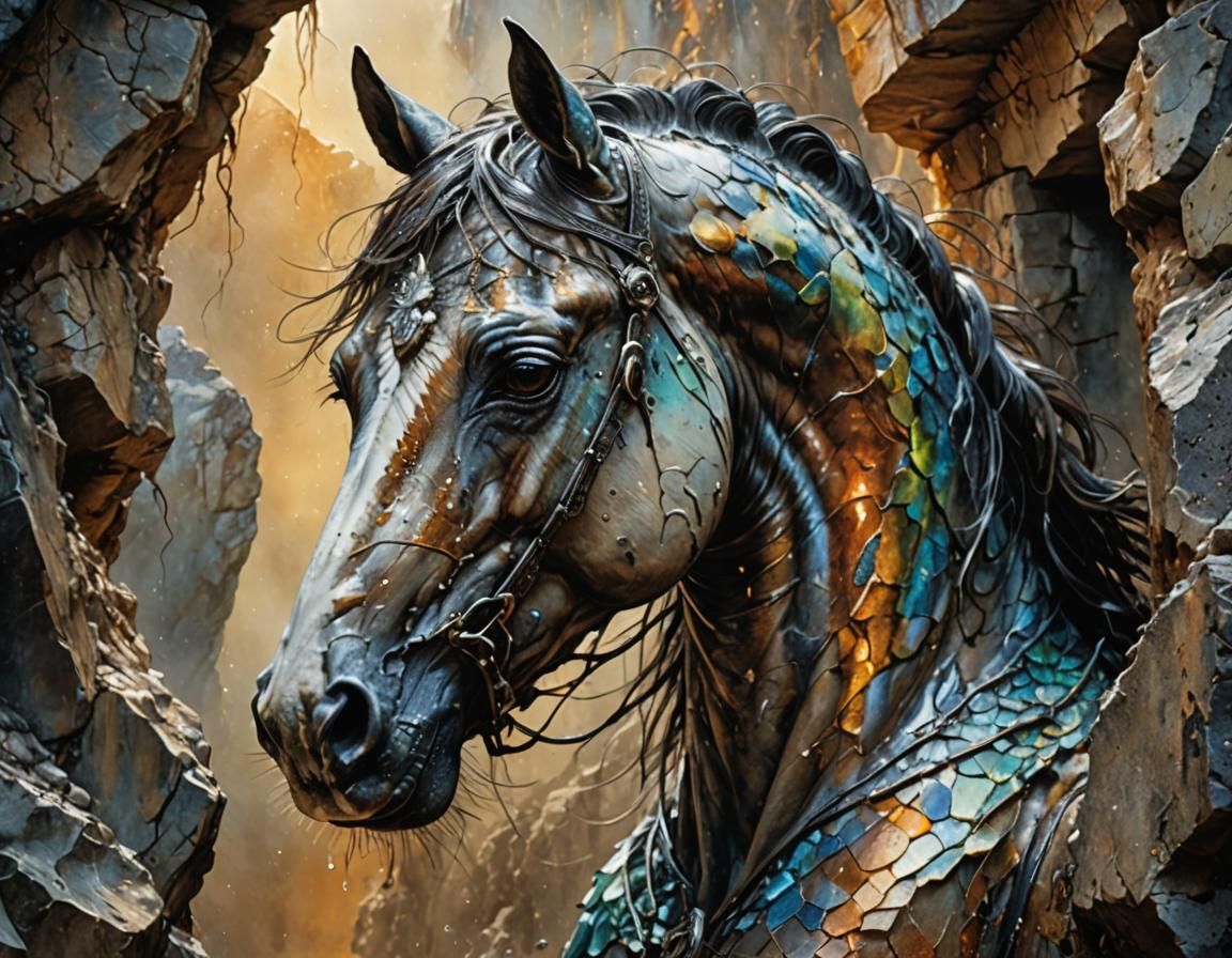 Horse Emerges from Stone with Iridescent Glow