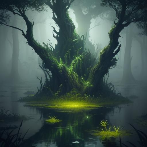 Mystical Swamp with Strange Creatures in Fantasy Style