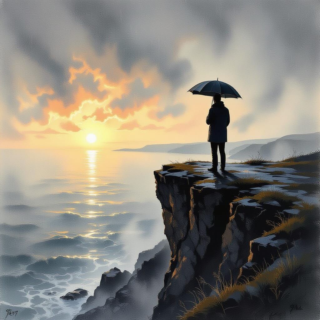 Dramatic Seaside View in Charcoal Drawing Style