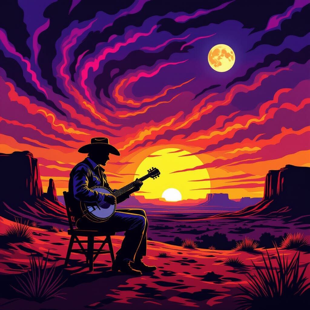 Banjo Player in Alien Desert Sunset, Comic Art Style