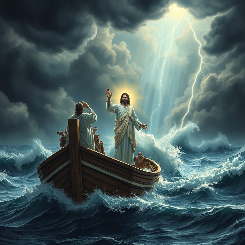 Jesus Calmly Commands Peace Amidst Stormy Seas in a Vivid Ma...