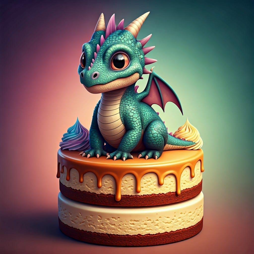 Green and Purple Dragon on Cheesecake, 3D Render