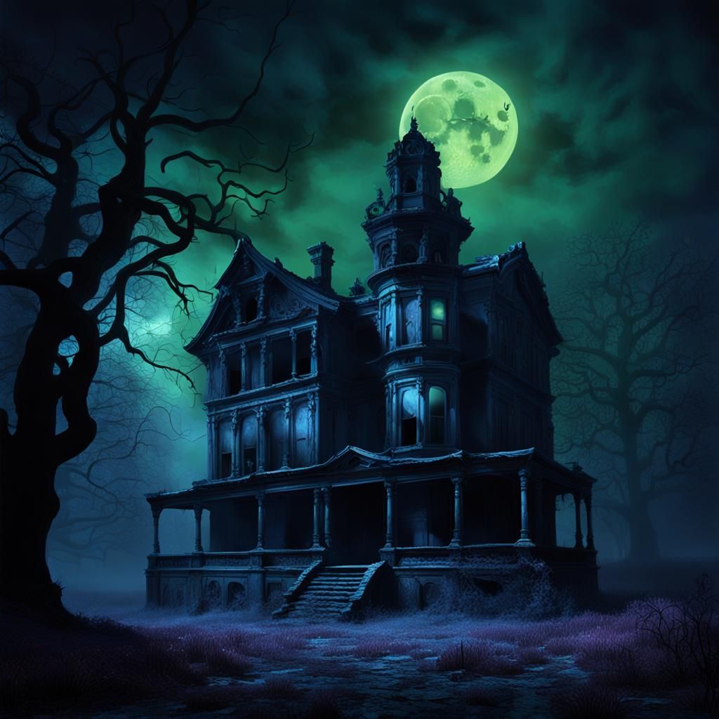 The sinister, decaying mansion looms in a dark and oppressiv...