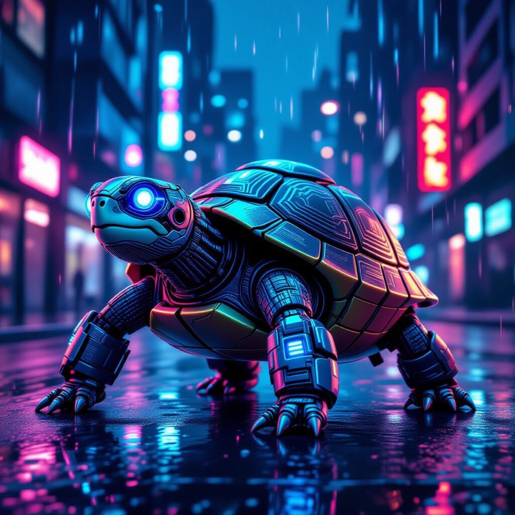 Cute Cyberpunk Turtle with Neon Cybernetic Implants