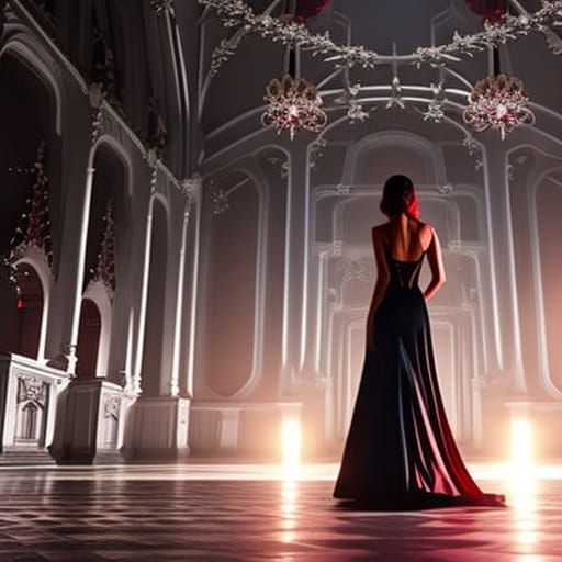 Woman in Shimmering Gown in Empty Ballroom