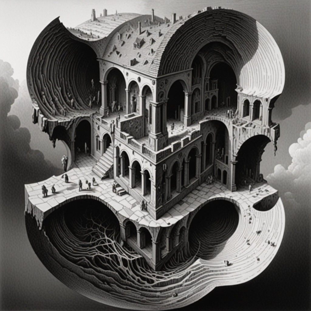 Escher-Inspired Surreal Landscape Engraving Art