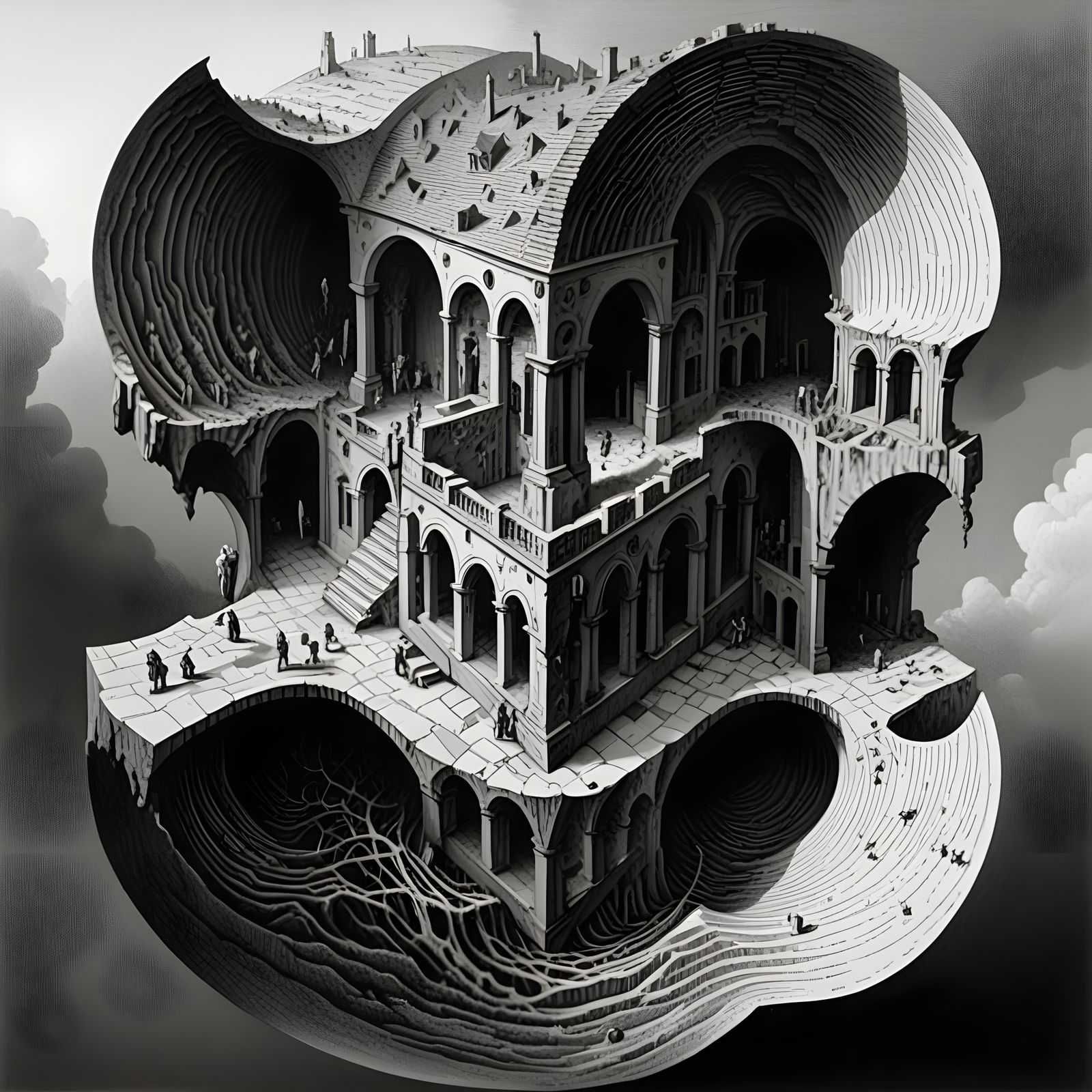 Escher-Inspired Surreal Landscape Engraving Art