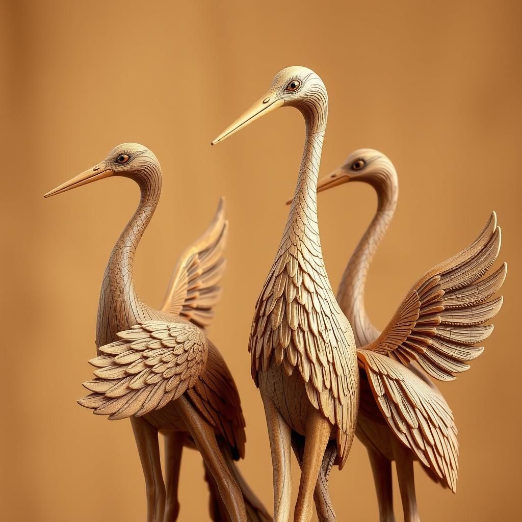 Intricately Carved Wooden Cranes: Modern Sculpture
