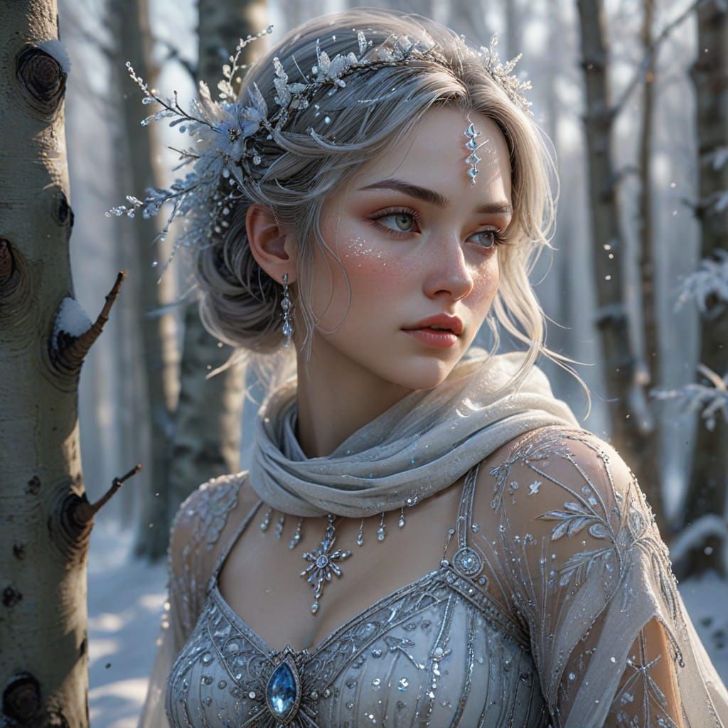 Ethereal Winter Fairy Tale: Woman in Birch Forest