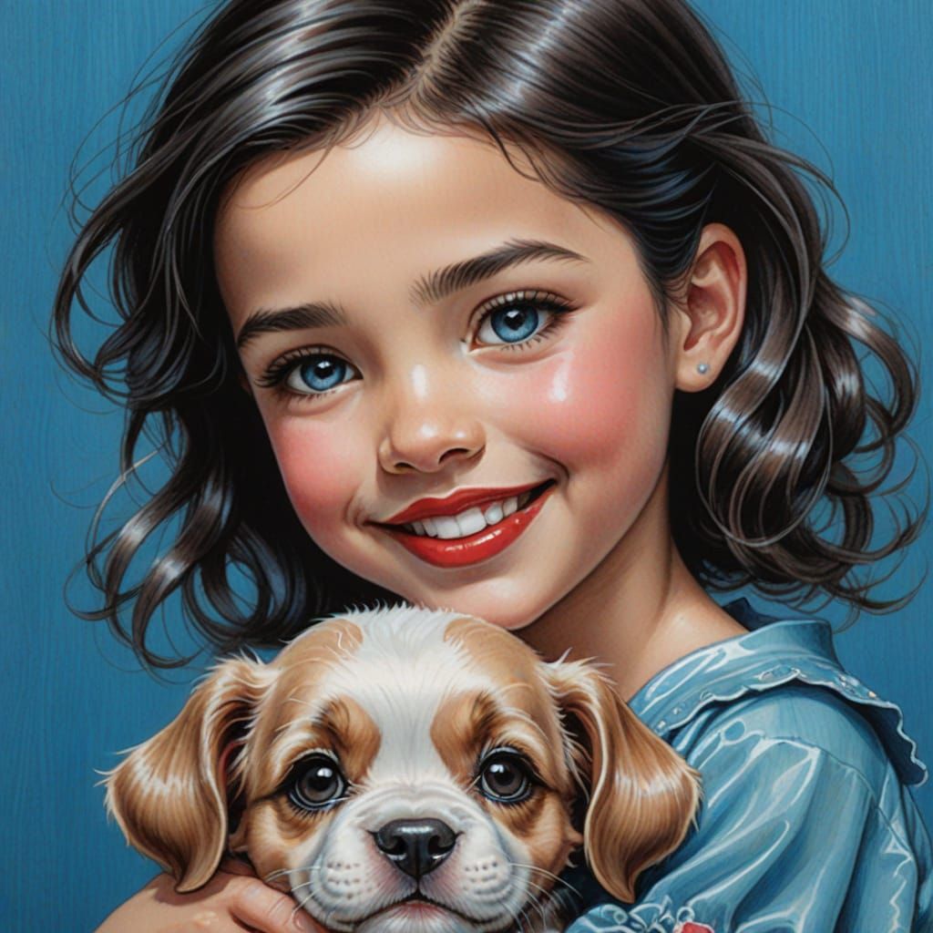Smiling Girl Holding Puppy in Colored Pencil Style