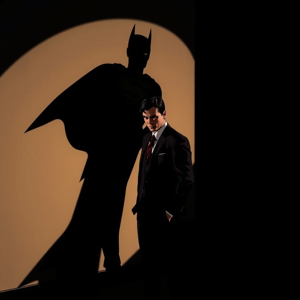 Superhero Icon Casts Dark Shadow in a Film Noir Cityscape