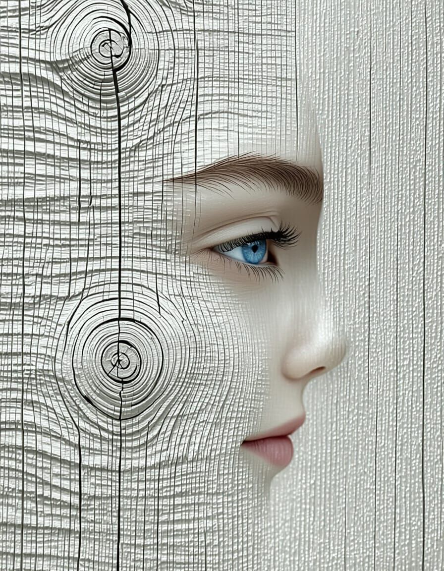 Fine Art Photo: Serene Face with Blue Eye and Wood Texture