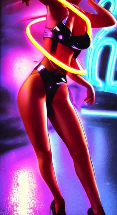 Atom Punk Pin-Up with Neon Skateboard in Rainy City