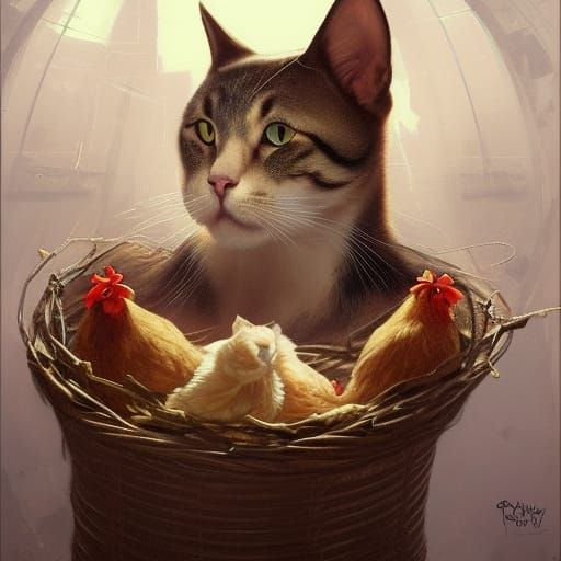 Cat Hugs Chickens: Hyperdetailed Portrait in Triadic Colors