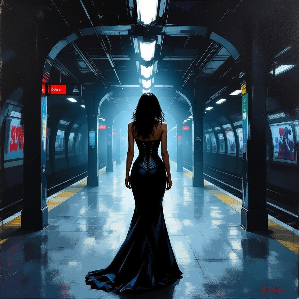 Woman in Dark Subway: Futuristic Noir Acrylic Painting