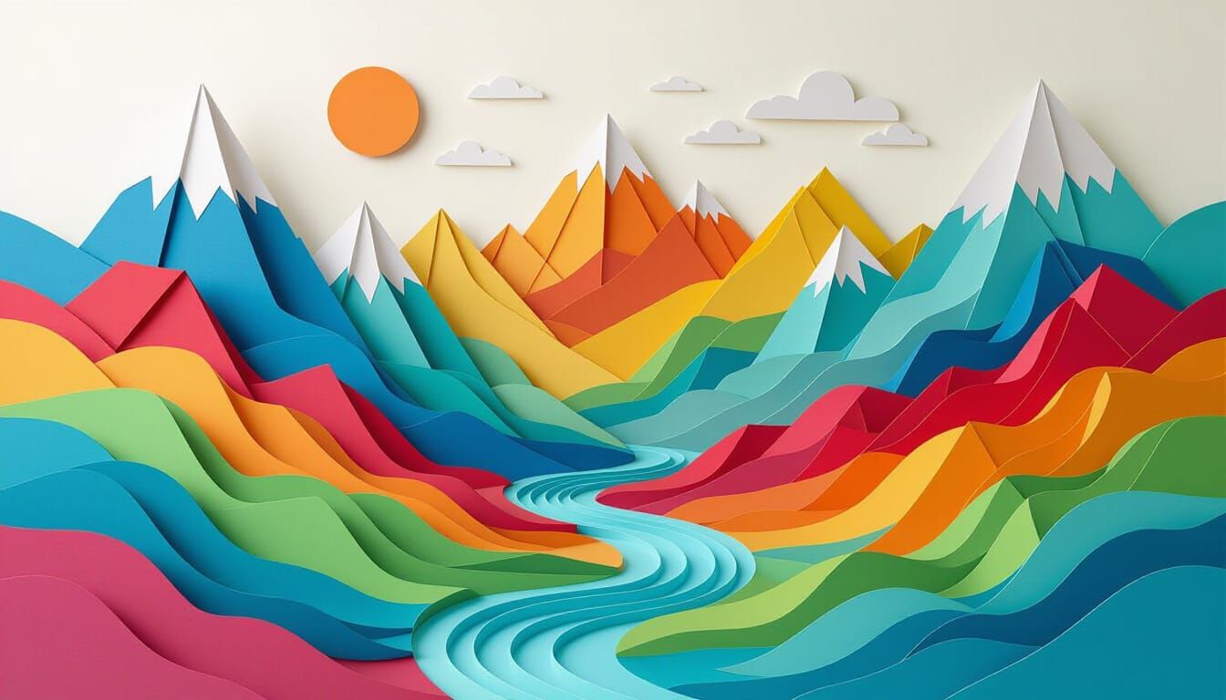 Vibrant Paper Landscape with Origami Peaks and Ribbon Rivers