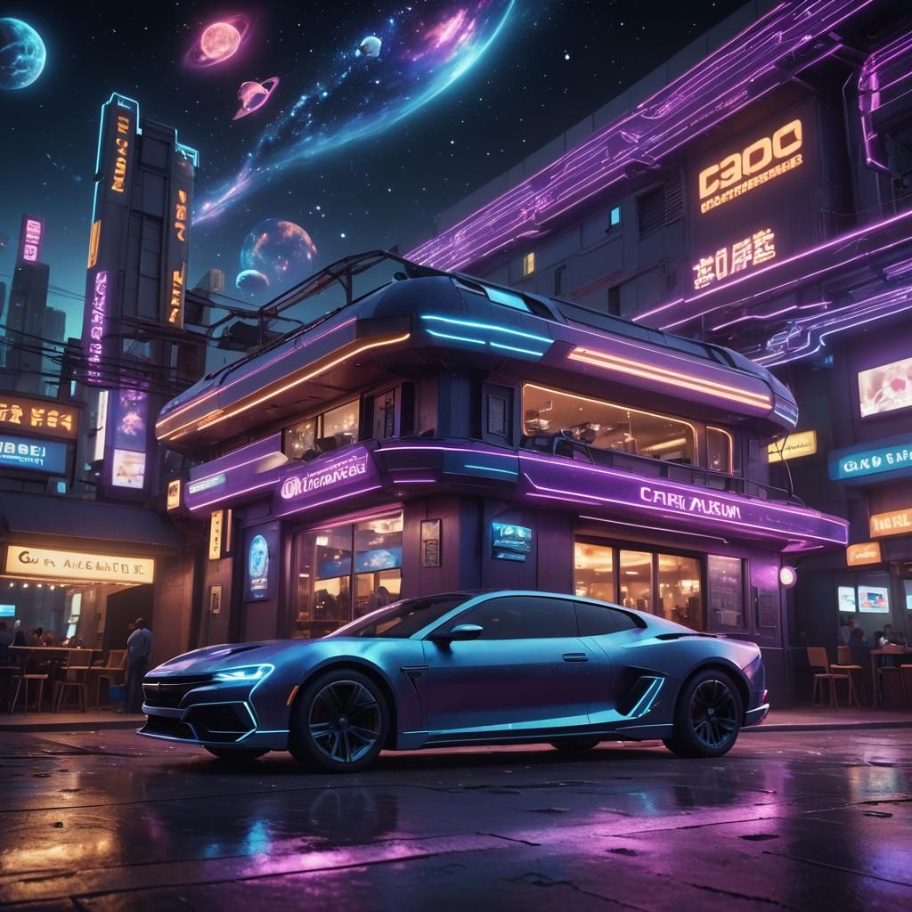 Futuristic Car Parked Outside Spacescape Restaurant