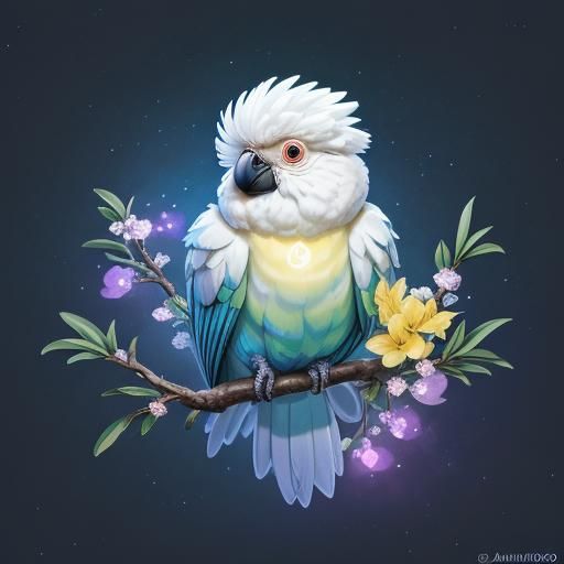 Bioluminescent Cockatoo Constellation with Flowers