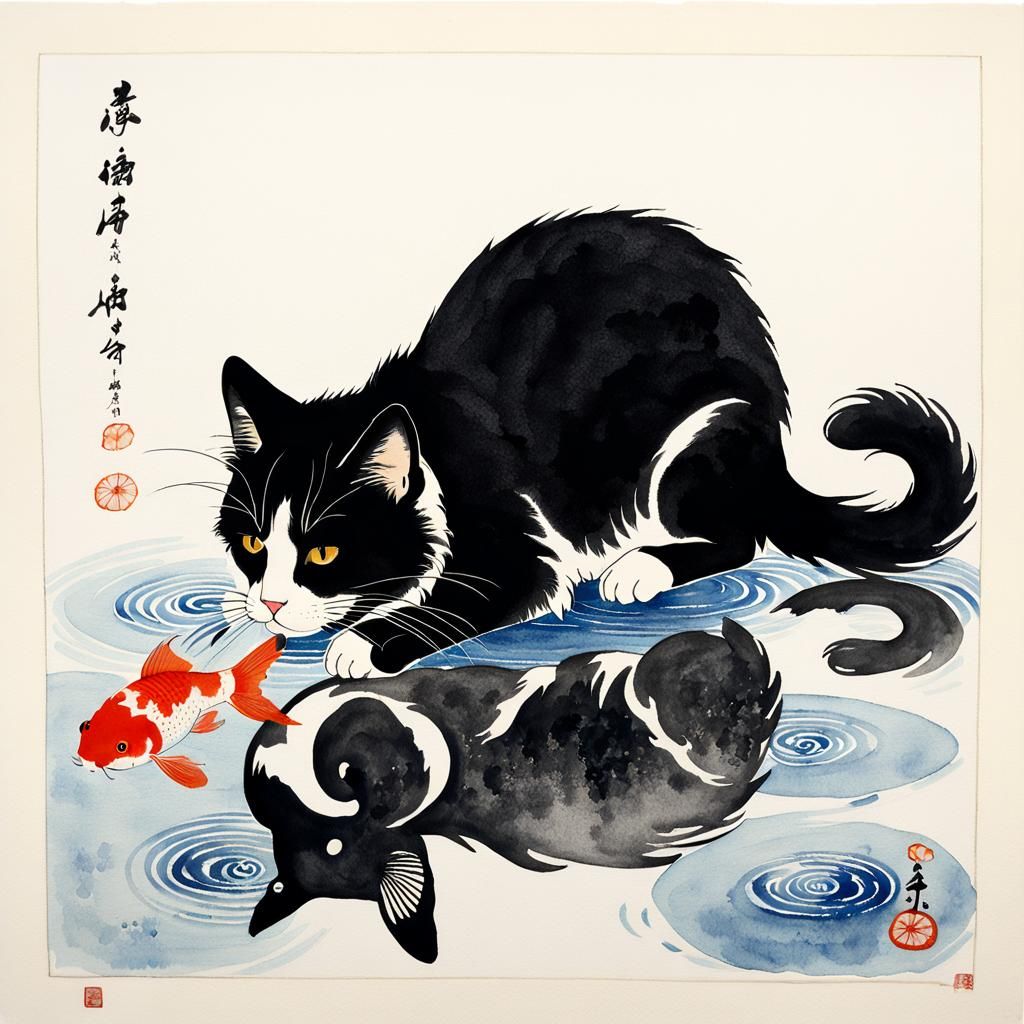 Minimalist Sumi-e Cat and Koi Ink Painting