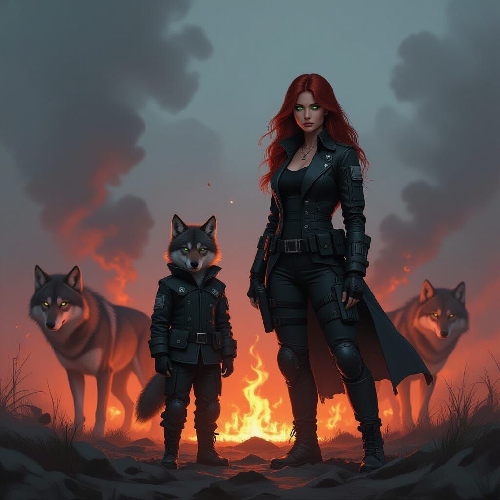 Fiery Battlefield: Woman and Wolves in Gritty Style