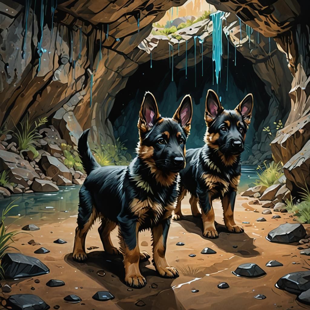 German Shepherd Puppies Explore a Bioluminescent Cave