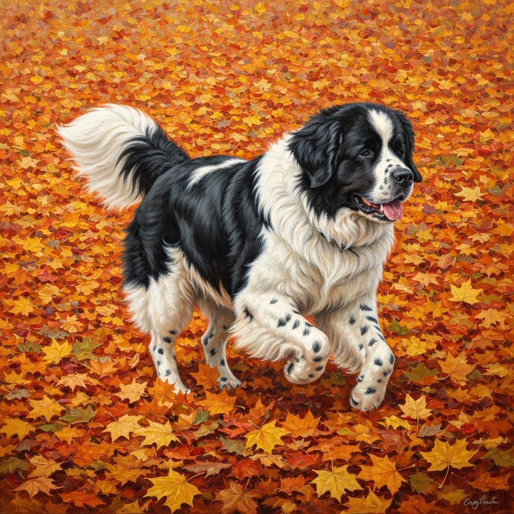 Landseer Dog Running Through Autumn Leaves Oil Painting