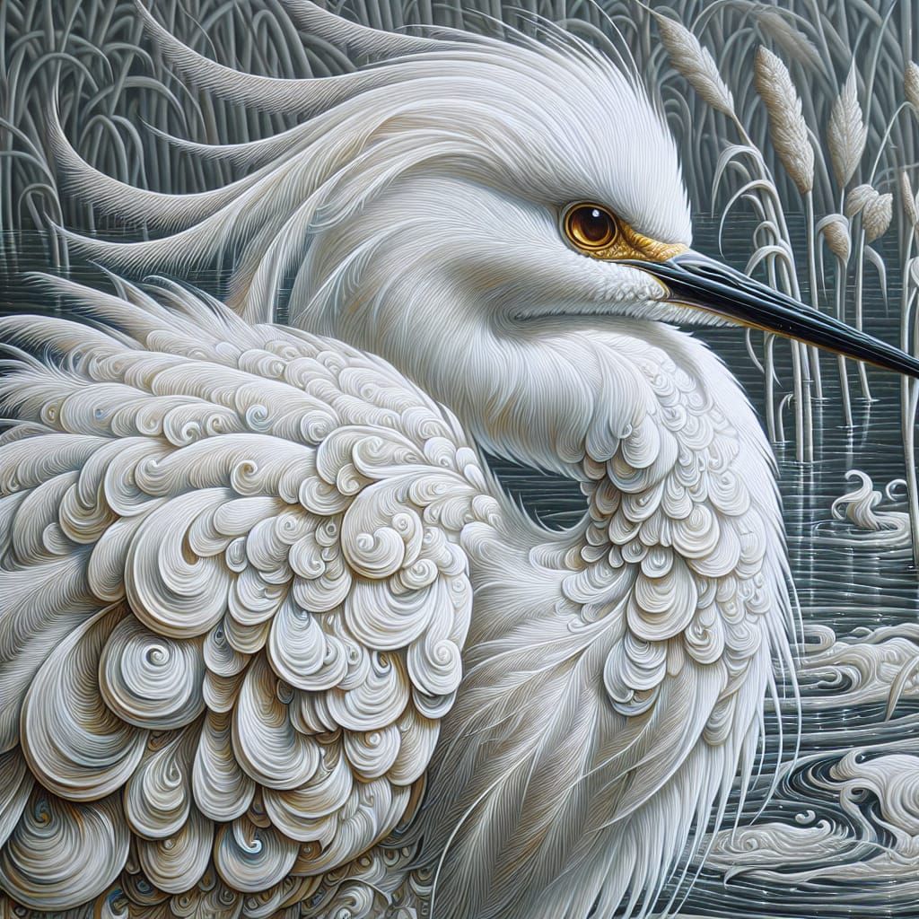 Snowy Egret Oil Painting in 19th Century Style
