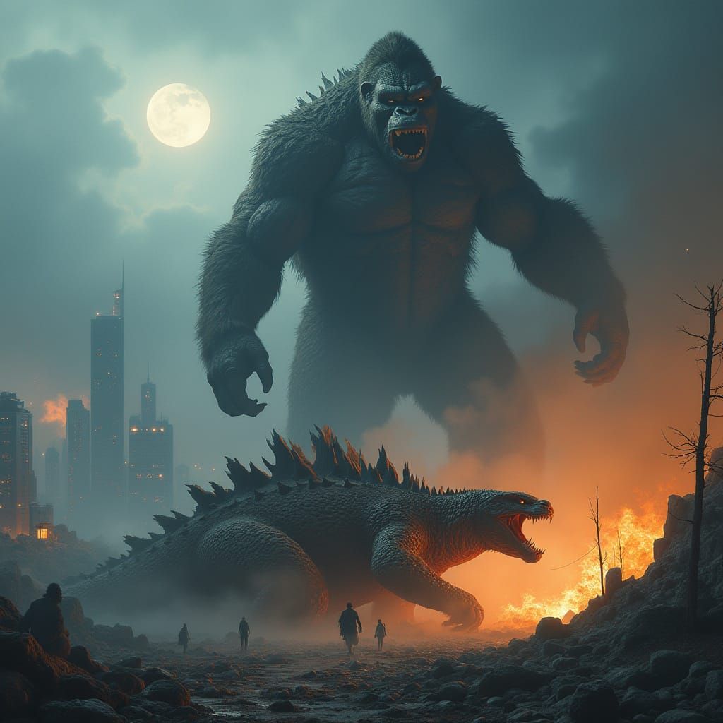 Godzilla Defeated by King Kong in a Ruined Cityscape