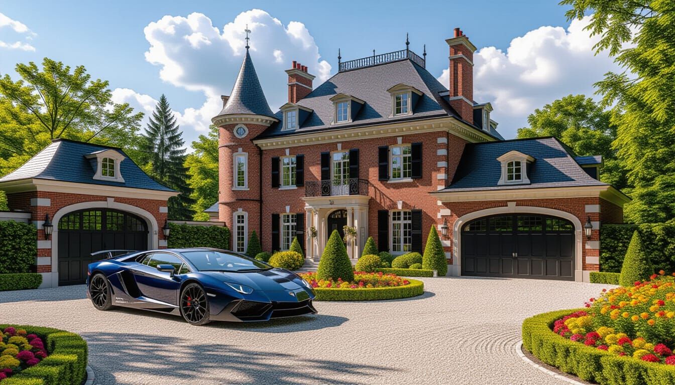 Victorian Chateau with Lamborghini in Summer Garden