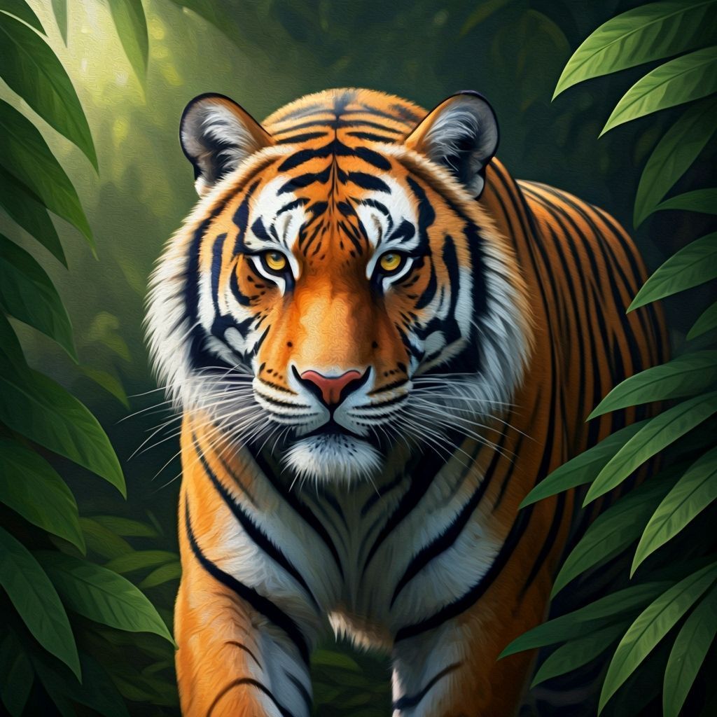 Tiger Prowling Through Jungle: Oil Painting