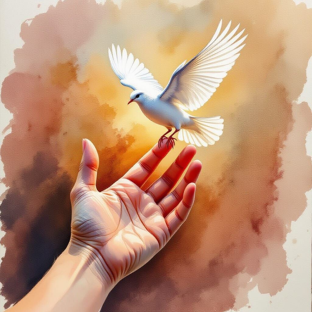 Impasto Gouache Painting of Hand Releasing Dove