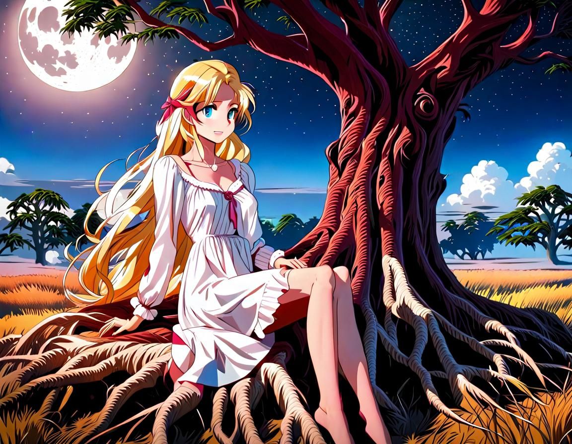 Anime Night Scene: Two Women Under Starry Sky