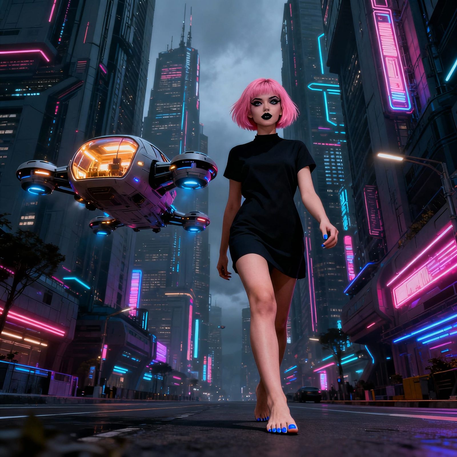 Cyberpunk Cityscape with Flying Drones and Woman