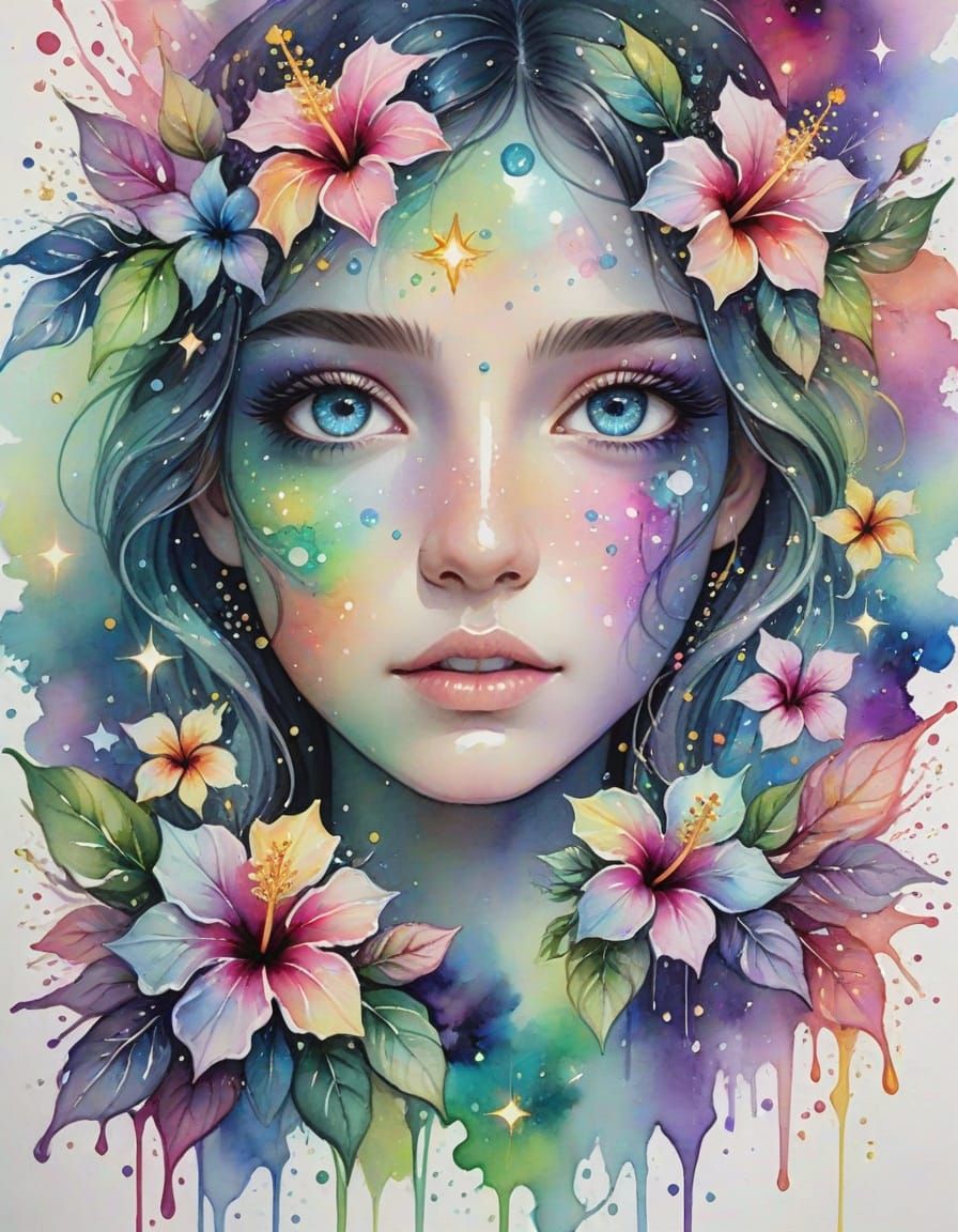 Ethereal Woman with Opal Eyes and Rainbow Stars