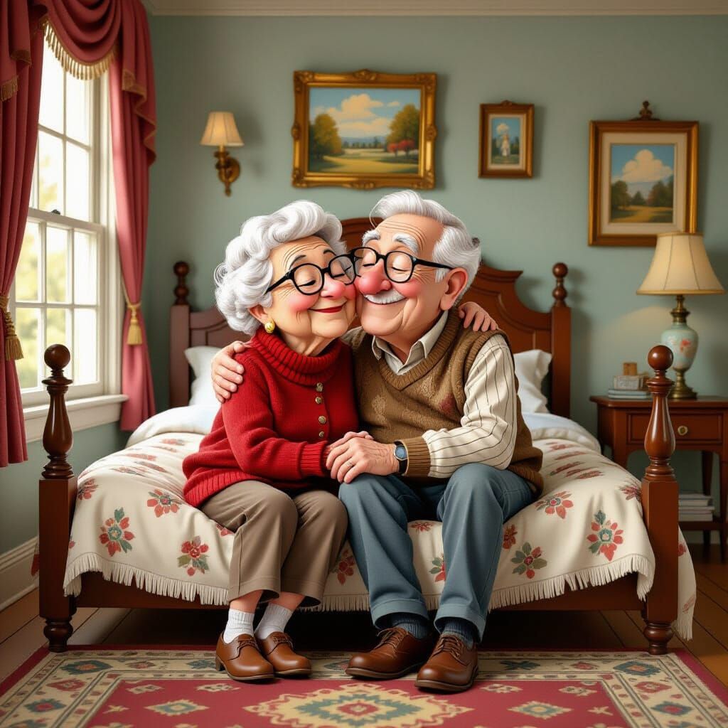 Whimsical Caricature of Elderly Couple Smooching in Victoria...