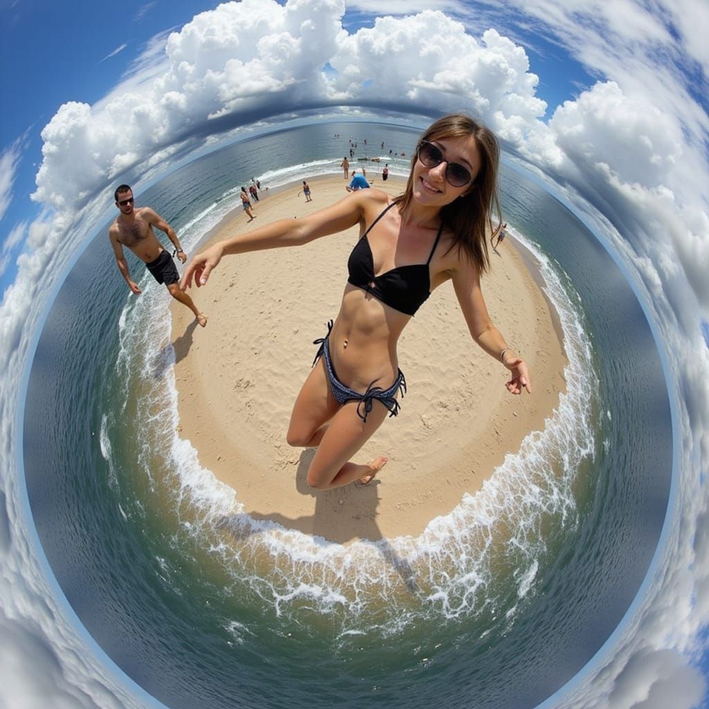 <lora:360 Degrees:1.0> tiny planet, pretty slender young gal in string bikini at the beach II