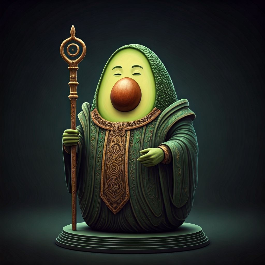 Avocado Priest with Divine Staff, 3D Rendered