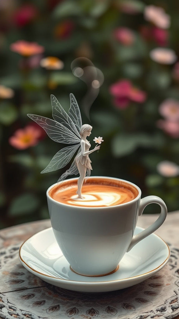 Whimsical Water Fairy Rises from Coffee Cup in a Vibrant Gar...