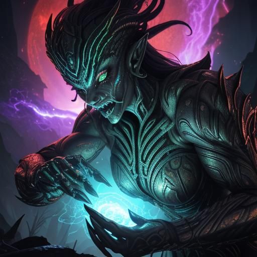 Alien Barbarian Battle in Bio-Mechanical Fantasy Style