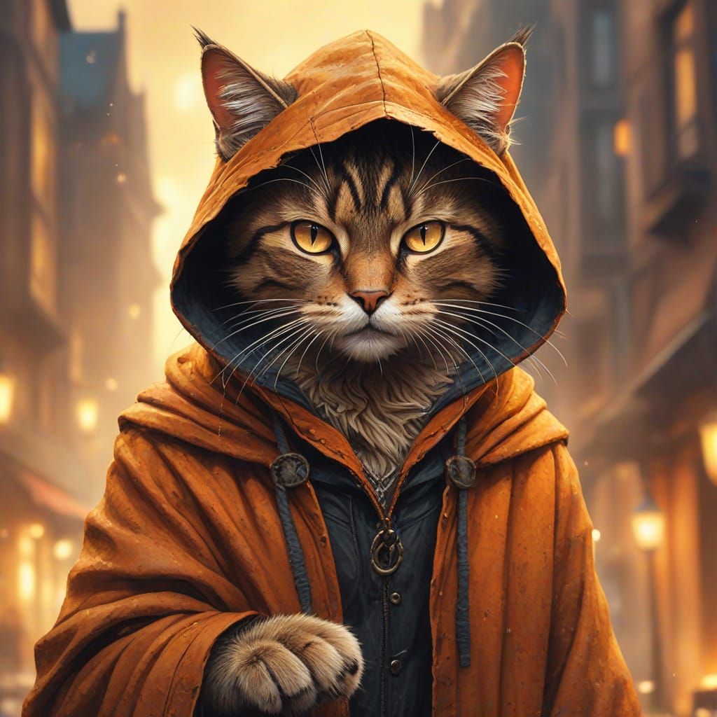 Anthropomorphic Cat Prowls Through City Riot in Dark Fantasy