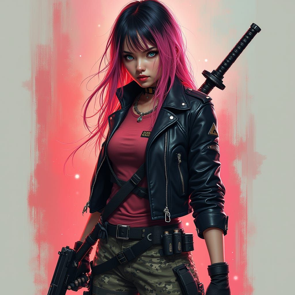 Cyberpunk Street Samurai with Pistol and Katana