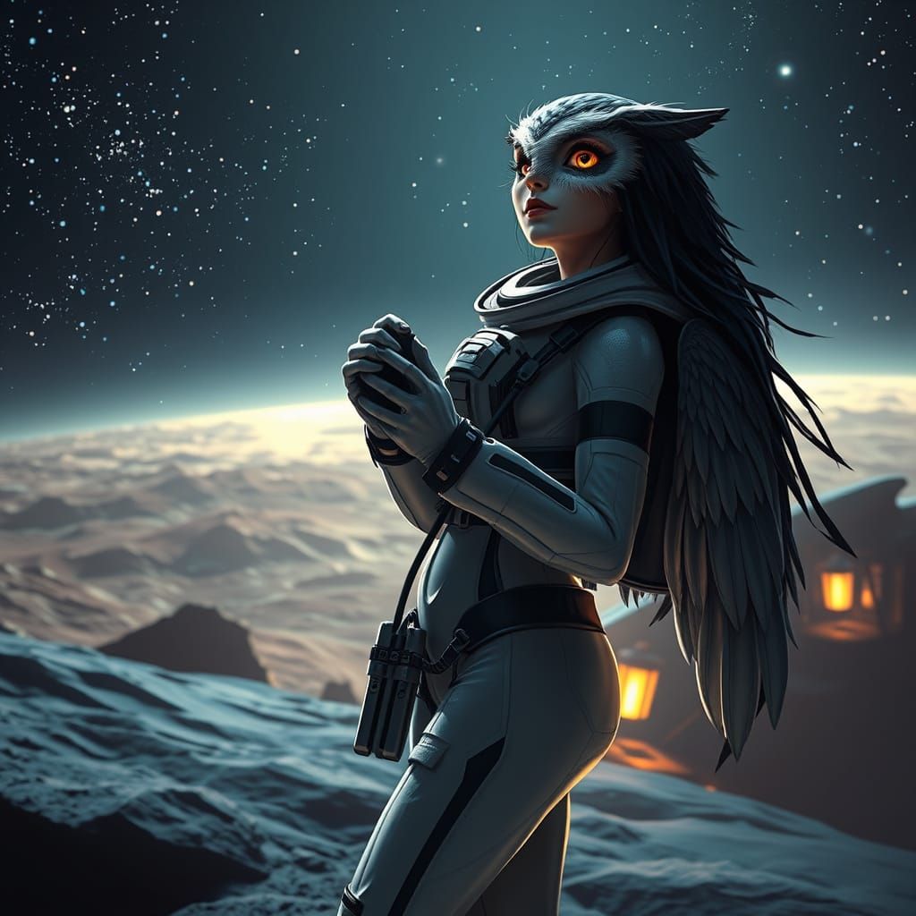 Woman in Space Suit with Owl Feathers Stands on Distant Plan...