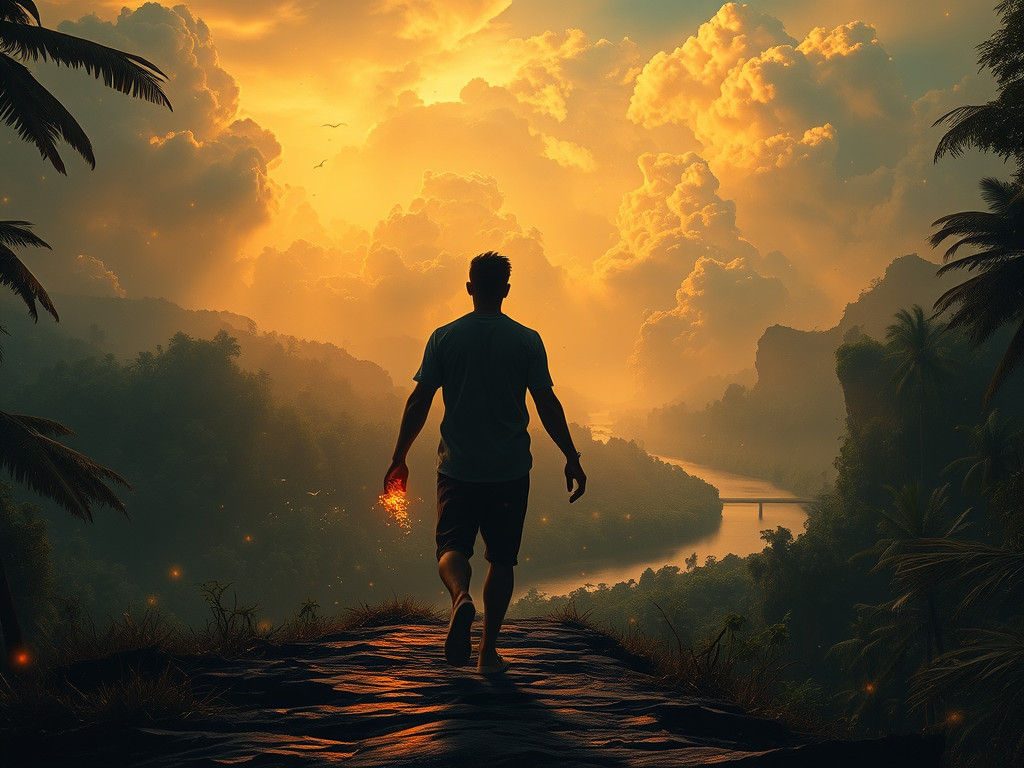 Brooding Man with Burning Hands in Dreamlike Jungle